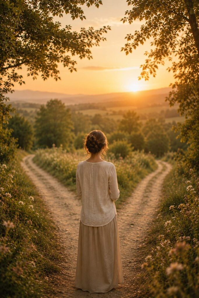 Femme de dos devant un chemin qui se divise en deux au coucher du soleil, illustrant les deux formules d'accompagnement Vivre en Joie : autonome et premium.