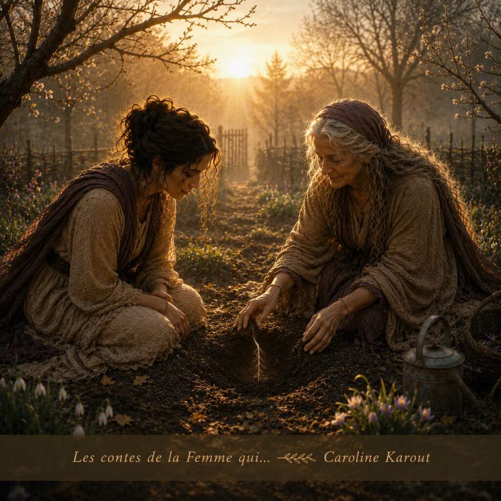 Illustration du conte La Femme qui attendait le printemps, montrant une femme au cœur d'un paysage qui s'éveille doucement, symbole du retour de l'élan et de la vie.