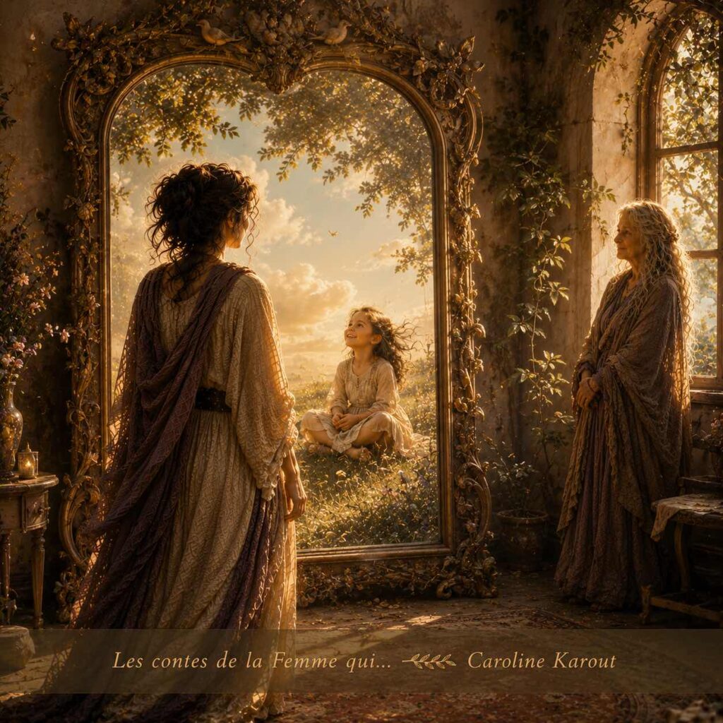 Illustration du conte La Femme qui s'était perdue dans le miroir de l'autre, montrant une femme qui se détourne du reflet des autres pour retrouver sa propre lumière intérieure.
