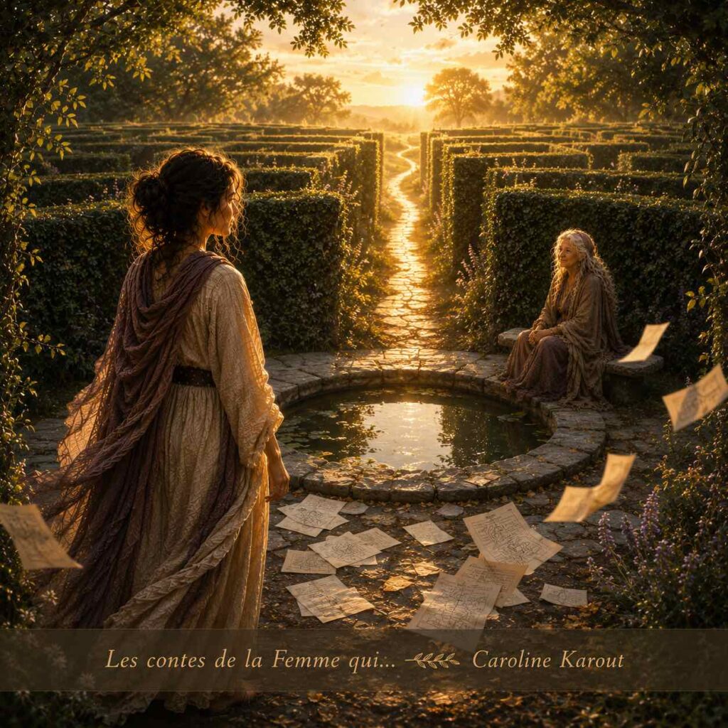 Illustration du conte La Femme qui voulait comprendre avant de sentir, représentant une femme laissant de côté ses pensées pour retrouver le lien avec son corps et ses ressentis.