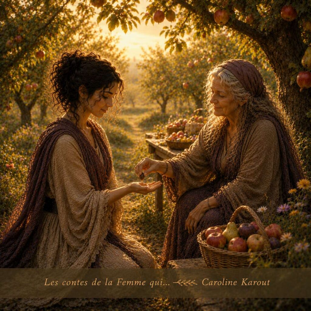 Illustration du conte La Femme qui croyait manquer de tout, montrant une femme découvrant un verger fertile, symbole de l'abondance déjà présente en elle et autour d'elle.