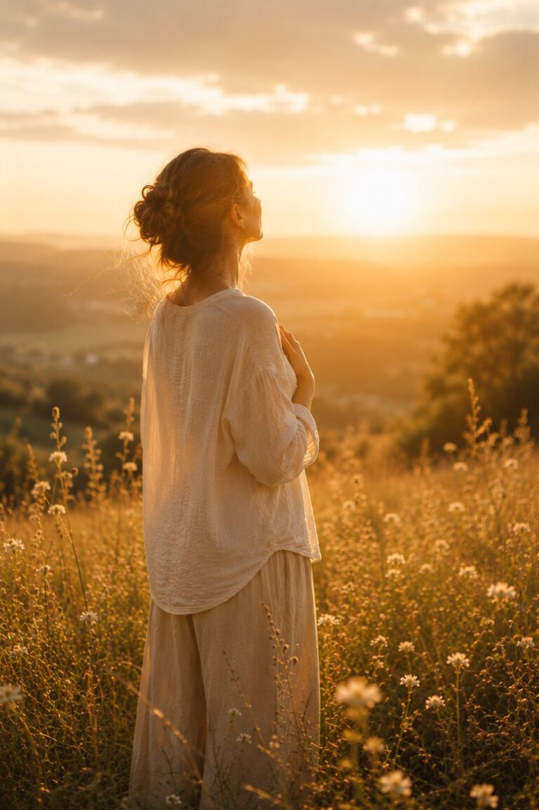 Femme debout dans une prairie baignée de lumière au coucher du soleil, symbole du retour naturel de la joie, de la paix intérieure et d'une vie pleinement habitée.