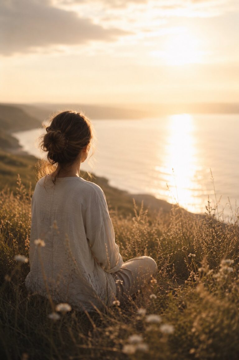 Femme assise face à la mer au coucher du soleil, contemplant l'horizon, symbole d'écoute intérieure, de clarté et de confiance dans ses choix.