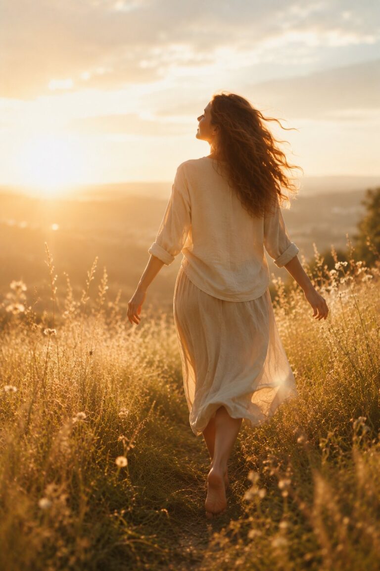 Femme marchant pieds nus dans une prairie baignée par la lumière du soleil, symbole d'une respiration retrouvée, d'apaisement et de liberté intérieure.