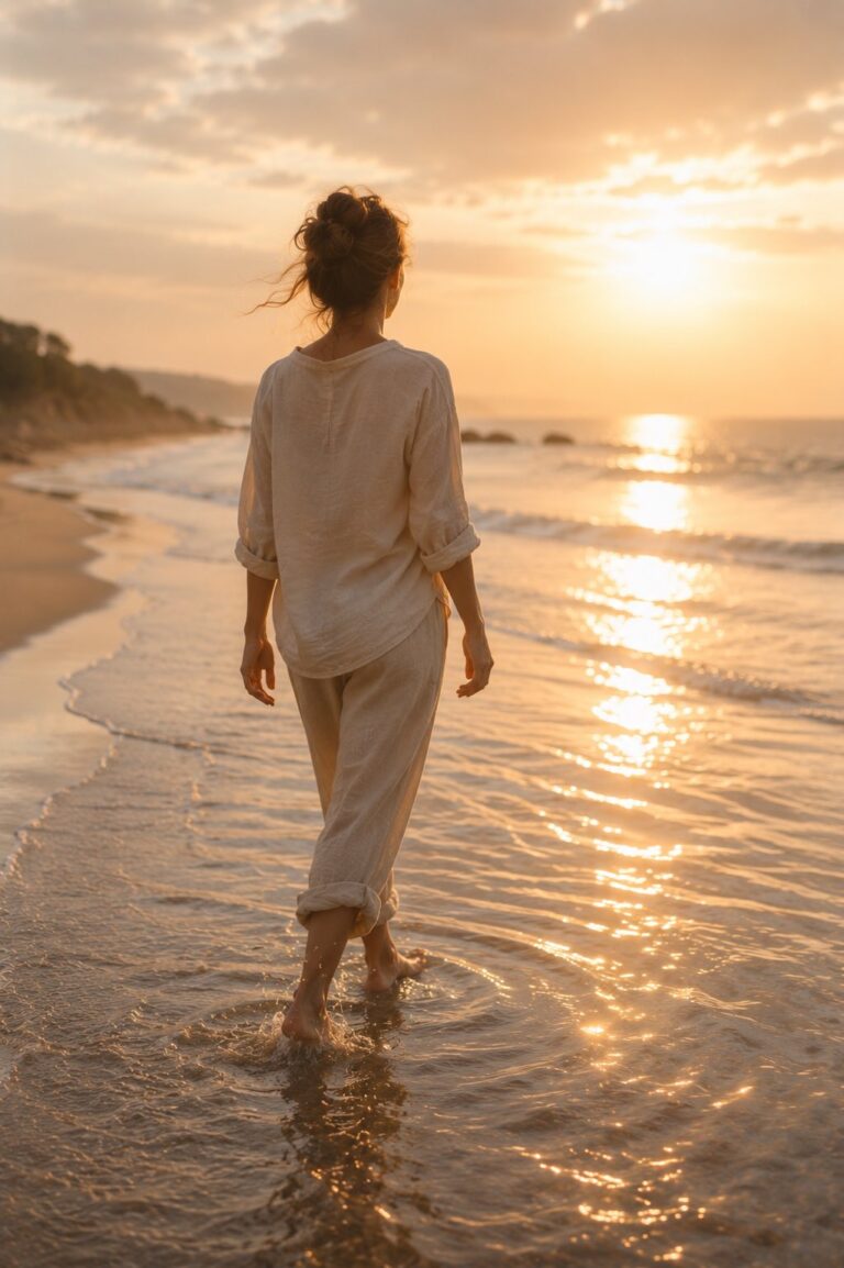 Femme marchant pieds nus dans l'eau au coucher du soleil, symbole d'un apaisement émotionnel et d'une relation plus sereine à ses émotions.
