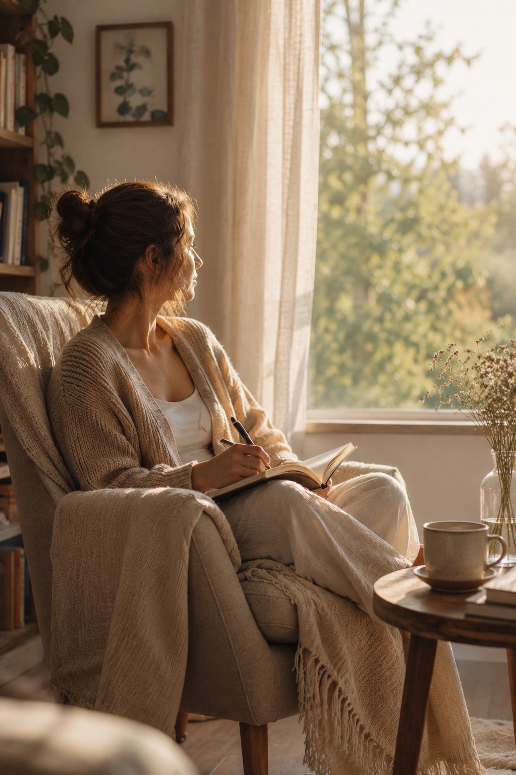Femme installée dans un fauteuil près d'une fenêtre, écrivant dans un carnet, symbole d'un temps d'introspection, d'intégration et d'un accompagnement vécu à son rythme.