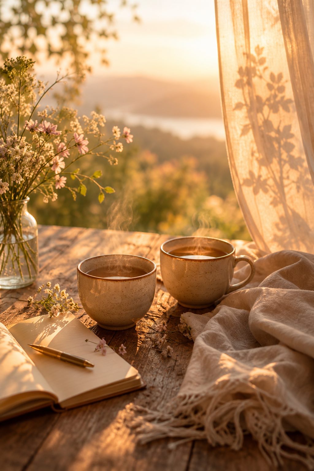 Deux tasses de thé, un carnet et des fleurs dans une lumière chaleureuse, symbolisant la version Premium de l'accompagnement Vivre en Joie.
