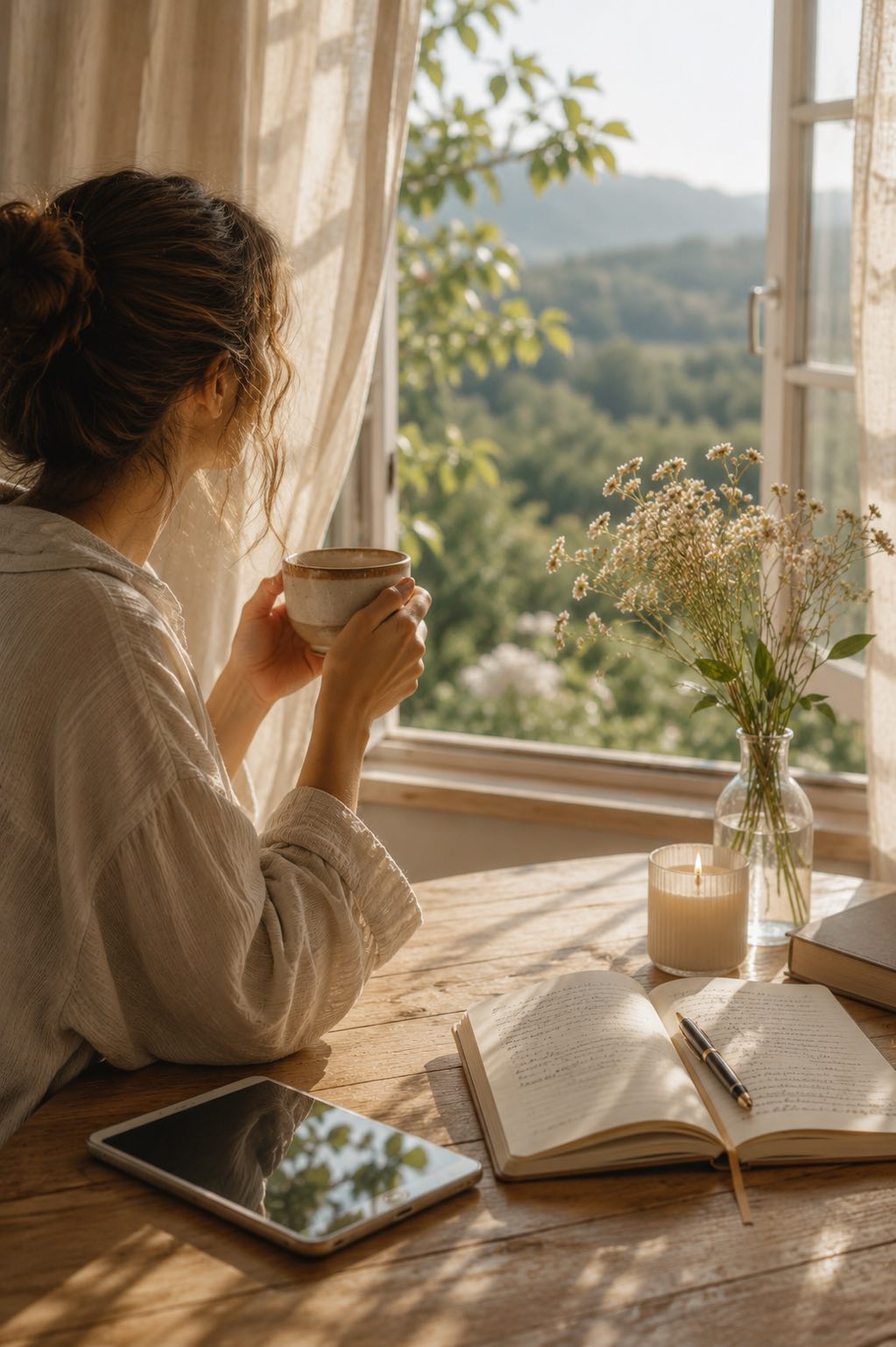 Femme assise près d'une fenêtre, un carnet, une tablette et une tasse devant elle, illustrant un accompagnement en ligne à suivre à son rythme, dans un espace calme et inspirant.