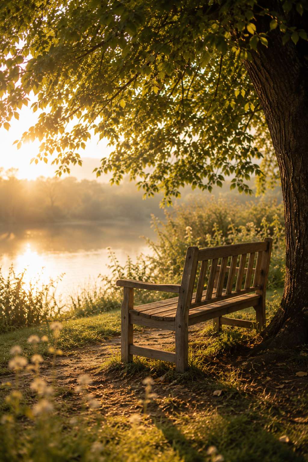 Banc en bois sous un grand arbre au bord d'un lac, baigné par la lumière du matin, évoquant une pause, l'écoute de soi et le début d'un nouveau chemin.