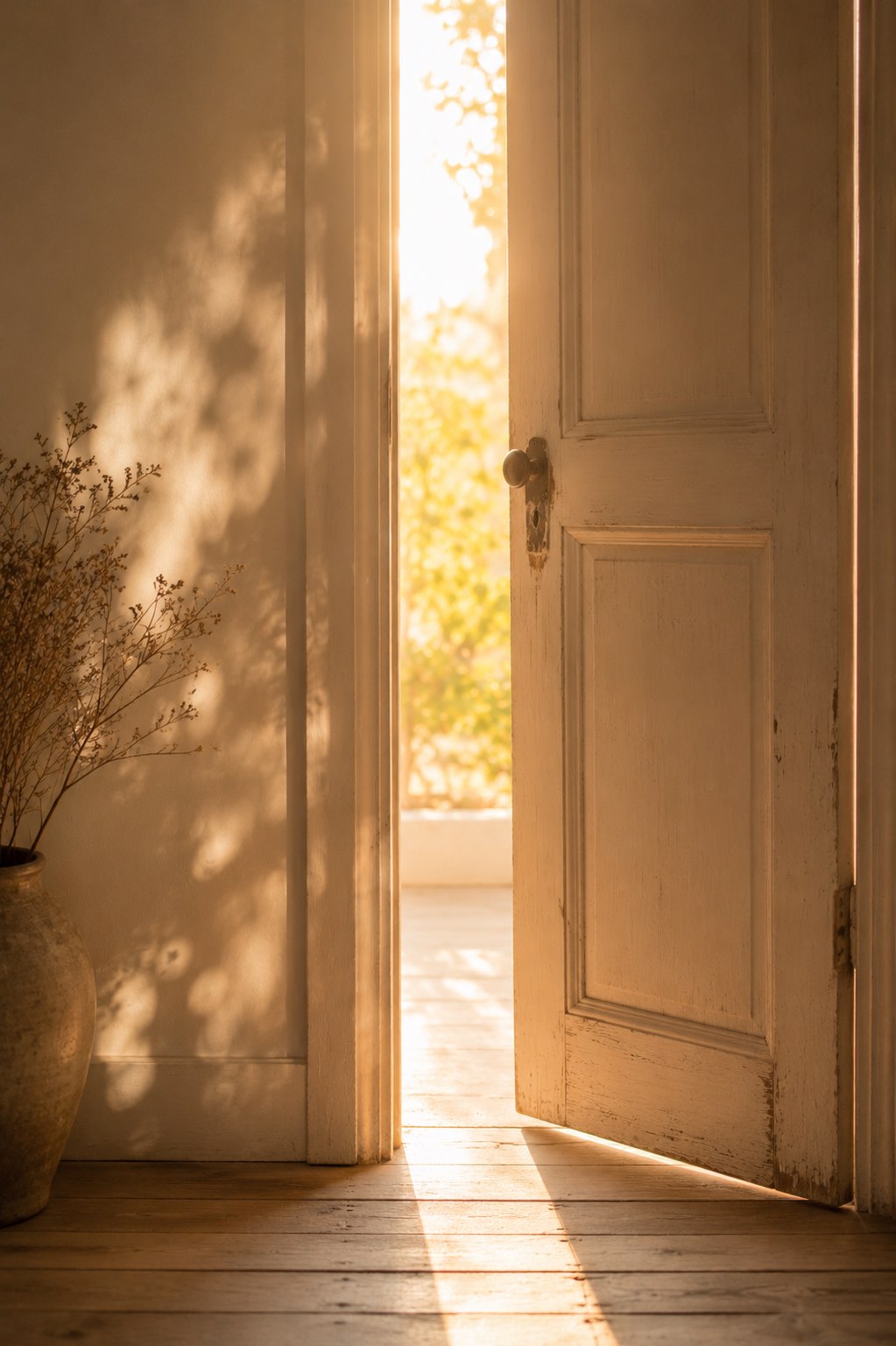 Porte ancienne entrouverte laissant entrer une lumière dorée, symbole d'un nouveau départ, d'une ouverture intérieure et du premier pas vers une vie plus alignée.