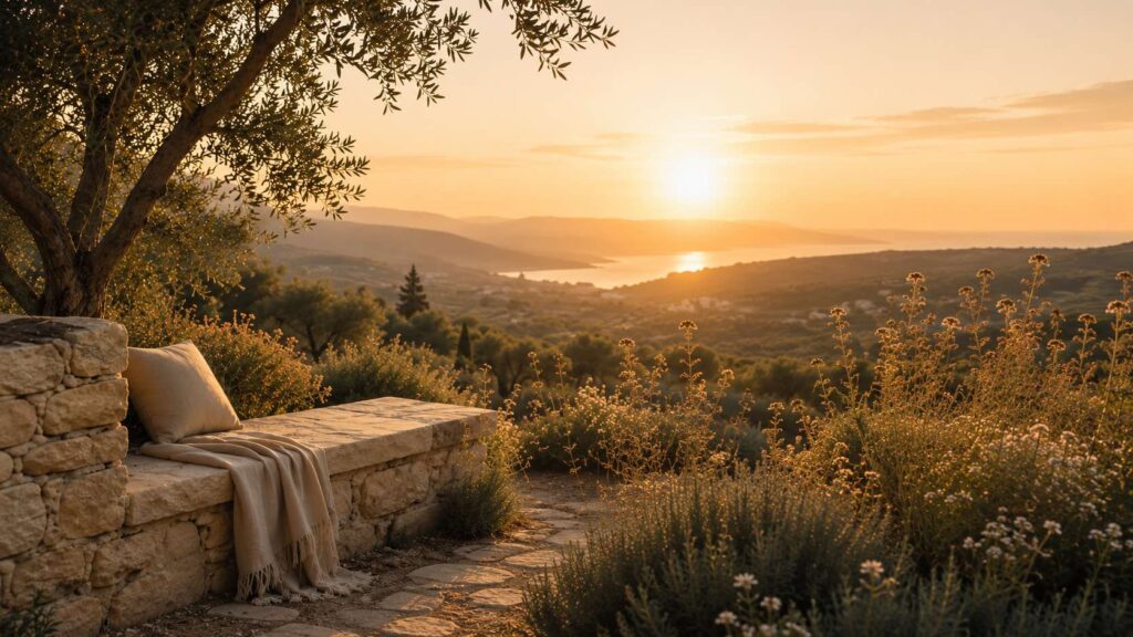 Banc en pierre face à un paysage baigné par le soleil couchant, invitant à prendre le temps de ressentir avant de choisir son accompagnement Vivre en Joie.