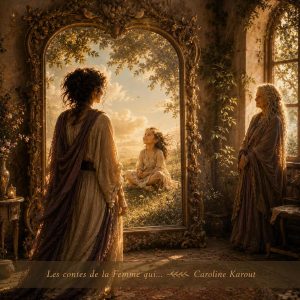 Illustration du conte La Femme qui s'était perdue dans le miroir de l'autre, montrant une femme qui se détourne du reflet des autres pour retrouver sa propre lumière intérieure.