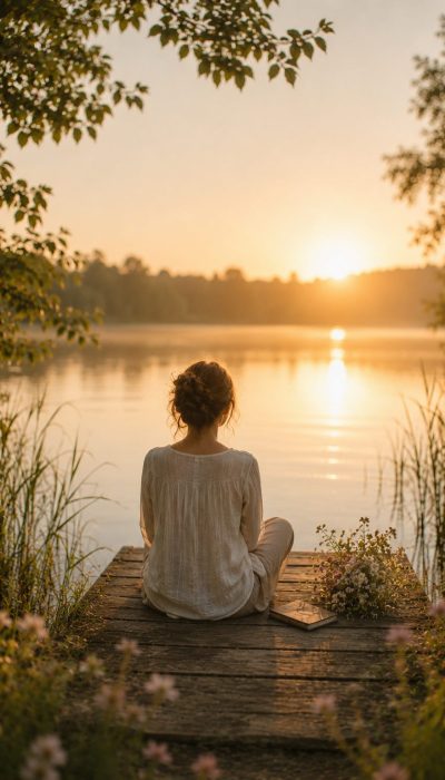Personne assise face à un lac au coucher du soleil, symbole d'une transformation intérieure qui se construit avec douceur et à son rythme.