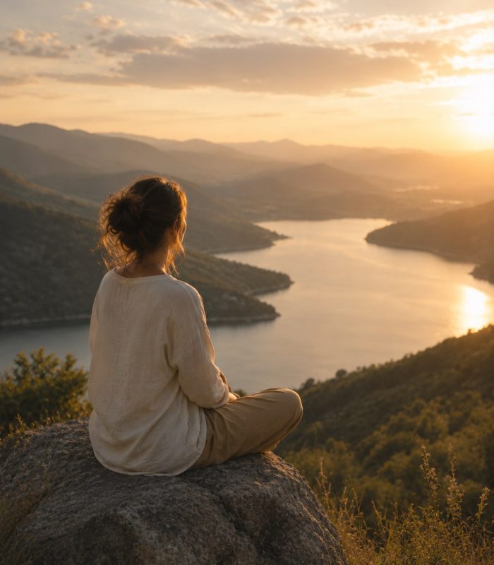 Femme assise sur un rocher face à un vaste paysage de montagnes et de lac au coucher du soleil, symbole de clarté intérieure, d'apaisement durable et d'une nouvelle perspective sur sa vie.