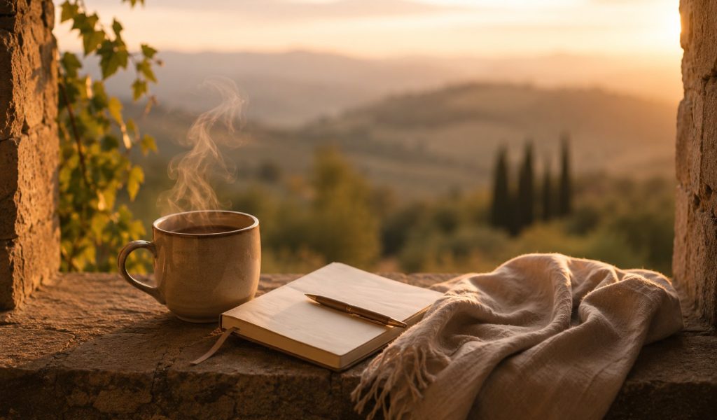 Carnet, tasse de thé et couverture près d'une fenêtre ouverte, illustrant l'accès immédiat à l'espace personnel du programme Vivre en Joie.